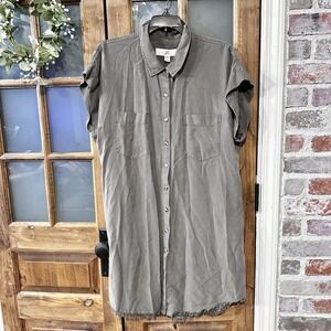 Thread + Supply‎ Women's Short Sleeve Fray Hem Olive Green Mini Shirt Dress Med